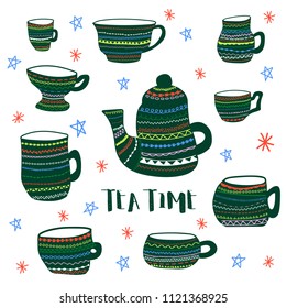 Vector colored poster of decorated tea cups and kettle and stylized tea time phrase. Hand made illustration for advertisement, web, cafe, prints, cards and invitations.