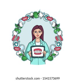 Vector colored poster with dentist and dentistry symbols. Cartoon illustration on the theme of health and medicine