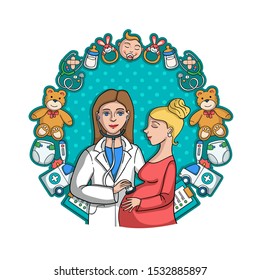 Vector colored poster with gynecologist and pregnant woman. Cartoon illustration on the theme of pregnancy and maternity