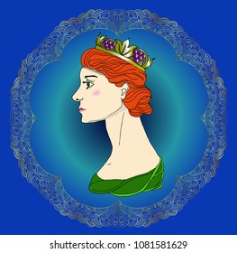 Vector colored queen with crown and beautiful hairstyle on dark blue background.