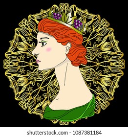 Vector colored queen with crown and beautiful hairstyle on dark background.