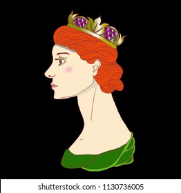Vector colored queen with crown and beautiful hairstyle.