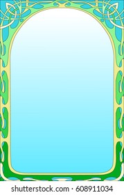 Vector colored rectangular frame in Art Nouveau style. Wicker patterns in green and yellow tones. Blue sky background with gradient to white.