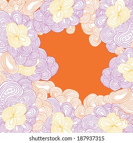 Vector colored repetitive lined pattern with many details. Violet, yellow and orange floral pattern.