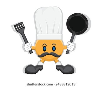 vector of a colored round cartoon character illustration orange yellow who has two legs and hands, two eyes and also a mustache, wearing a chef's hat and shoes, looks like he is holding a cooking tool