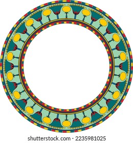 Vector coloreado alrededor de la frontera egipcia. Ornamento de círculo de la antigua África. Patrón de flores de loto y sol.
