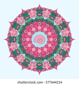 vector colored round floral mandala with spirals and shelll in the middle - adult coloring book page