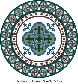 Vector colored round gothic ornament. Medieval European circle, ring, border. Classic pattern of the Germans, Angles, Saxons, Franks.
