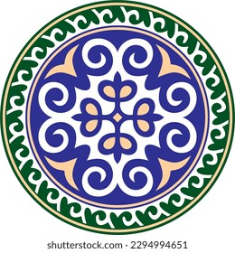 Vector colored round Kazakh national ornament. Ethnic pattern of the peoples of the Great Steppe, Mongols, Kyrgyz, Kalmyks, 
Buryats. circle, frame border.