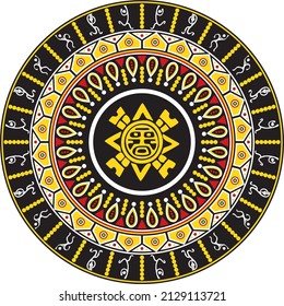 Vector colored round native american ornament. Circle with dancing men. Pattern of the peoples of Central and South America, Aztecs, Maya, Incas.
