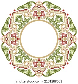 Vektorfarbene runde orientalische Ornamente. Arabischer gemusterter Kreis aus Iran, Irak, Türkei, Syrien. Persischer Rahmen, Grenze. Lacy geschnitzte Schneeflocke.
