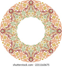 Vector colored round oriental ornament. Arabic patterned circle of Iran, Iraq, Turkey, Syria. Persian frame, border. Lacy carved snowflake.
