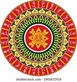 Vector colored round ornament of the Aztec Indians with figures of people. National decoration