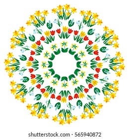 vector colored round spring floral mandala - adult coloring book page - flowers tulip, dafodil, snowdrop, primrose and lily of valley