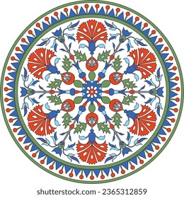 Vector colored round Turkish ornament. Ottoman circle, ring, frame. Muslim pattern for stained glass.