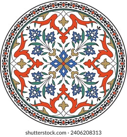 Vector colored round Turkish ornament. Ottoman circle, ring, frame. Muslim pattern for stained glass.