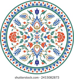 Vector colored round Turkish ornament. Ottoman circle, ring, frame.