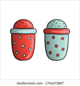 Salinas de color vectorial y agitadores de pimienta. Icono de herramienta de cocina aislado en fondo blanco. Equipo de cocina tipo caricatura. Ilustración vectorial de la banda de atracción