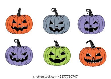 Las calabazas de Halloween sonrientes con colores vectoriales aisladas en fondo blanco Colorido estilo de cosecha de calabaza de color vintage Ilustración con expresiones de cara espeluznantes Feliz truco o trato de Halloween. 