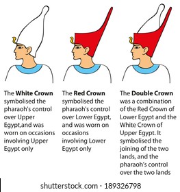 Vector colored schematic illustration in the style of Egyptian fresco painting. Crown worn by pharaohs of Lower (northern), Upper (southern), and Joint kingdoms