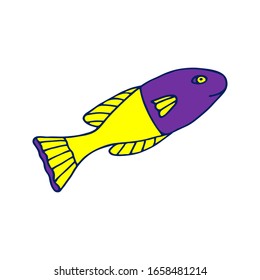 Vector colored sea fish llustration on white background. Doodle sketch cartoon underwater worlds isolated object for panorama, print, shirt, kid, baby, swimming pool, game, app and stickers.