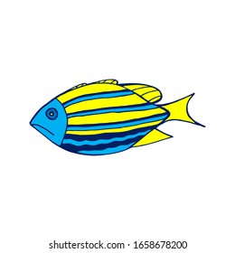 Depuración de peces marinos coloreados por vectores sobre fondo blanco. Dibujo Doodle dibuja mundos submarinos objeto aislado para panorama, impresión, pantalones, niño, bebé, piscina, juego, aplicación y emoticones.