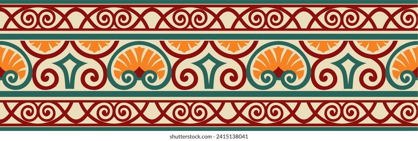 Vector colored seamless classic renaissance ornament. Endless european border, revival style frame.
