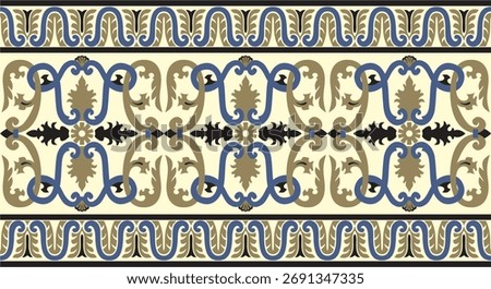 Vector colored seamless classic renaissance ornament. Endless european border, revival style frame.
