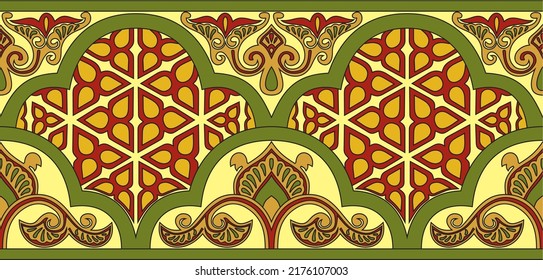 Vector colored seamless oriental national ornament. Endless ethnic floral border, arab peoples frame. Persian painting