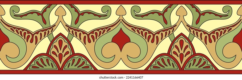 Vector colored seamless oriental national ornament. Endless ethnic floral border, arab peoples frame. Persian painting
