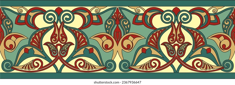 Vector colored seamless oriental national ornament. Endless ethnic floral border, arab peoples frame. Persian painting
