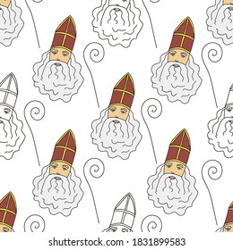 Vector colored seamless pattern for festive decor. Sinterklaas on a white background. Red miter, staff, gray beard. Santa Claus, New Year, Christmas. St. Nicolas day.