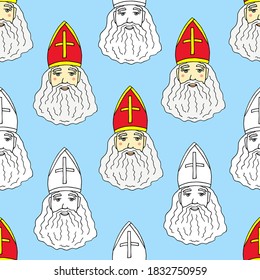 Vector colored seamless pattern for festive decor. Sinterklaas on a light blue background. Red miter, gray beard. Santa Claus, New Year, Christmas. St Nicholas day.