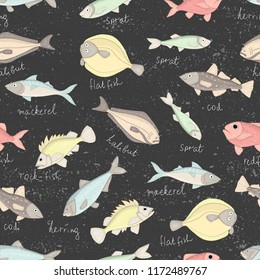 Vector colored seamless pattern of fish isolated on black textured background. Colorful repeating background with halibut, rock-fish, mackerel, herring, flatfish. Underwater vintage illustration