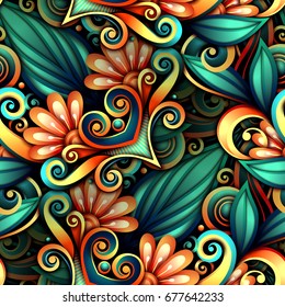 Padrão Vector colorido sem costura com ornamento floral. Textura desenhada à mão com redemoinhos, flores e folhas de doodle, elementos deco