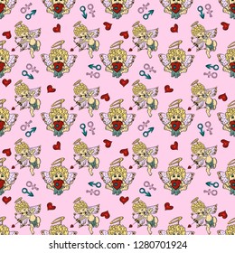 vector colored seamless pattern illustration in the style of childrens scribbles on the theme of Valentines day cupids for the design and background can be replaced