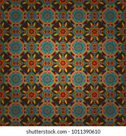 Vector colored seamless pattern with Mandalas and floral ornament. Brown, orange and blue texture with Swirls, Mandalas, Doodle Flowers and Leaves, Deco Elements.