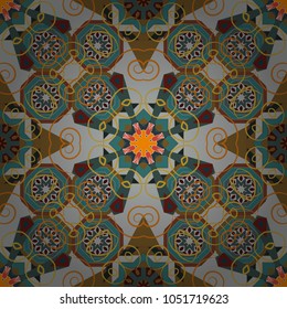 Vector colored seamless pattern with Mandalas and floral ornament. Green, gray and brown texture with Swirls, Mandalas, Doodle Flowers and Leaves, Deco Elements.