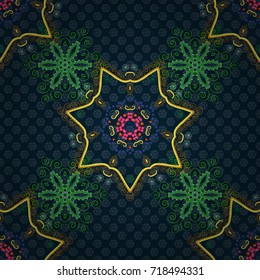 Vector colored seamless pattern with Mandalas and floral ornament. Yellow, green and blue texture with Swirls, Mandalas, Doodle Flowers and Leaves, Deco Elements.