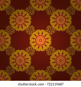 Vector colored seamless pattern with Mandalas and floral ornament. Yellow, red and orange texture with Swirls, Mandalas, Doodle Flowers and Leaves, Deco Elements.