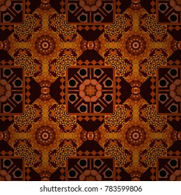 Vector colored seamless pattern with Mandalas and floral ornament. Red, orange and brown texture with Swirls, Mandalas, Doodle Flowers and Leaves, Deco Elements.