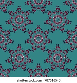 Vector colored seamless pattern with Mandalas and floral ornament. Brown, white and green texture with Swirls, Mandalas, Doodle Flowers and Leaves, Deco Elements.