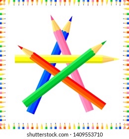 Vector colored seamless pattern. Rows of colored pointy pencils form a frame. Inside is a pentagon.Good background site for artists, fabrics,children.