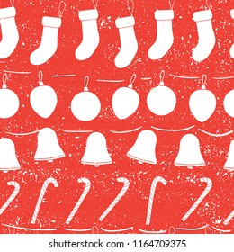 Vector colored seamless pattern of white Christmas or New Year elements with texture on red background. Colorful vintage repeating background with stocking, Christmas balls, decorations, candy cane