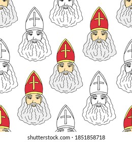 Los tonos vectoriales son impecables para la decoración festiva. Sinterklaas sobre un fondo blanco. Mimbre rojo, barba gris. Navidad de Año Nuevo. Día de San Nicolás. Para embalar impresiones de papel, textiles, embalaje.