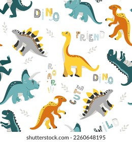 Vector colored seamless repeating children pattern with cute dinosaurs, plants and comic Dino quotes in Scandinavian style on a white background. Baby pattern with dinosaurs.