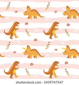 Vector colored seamless repeating pattern for children with cute dinosaurs, plants and flowers in Scandinavian style with stripes background. Design for a girl in pastel colors with dino.