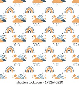 Vector colored seamless repeating simple pattern with hand-drawn rainbow, cloud and stars on a white background. Rainbow in Scandinavian style. Childish texture for fabric, textile, poster, wrapper