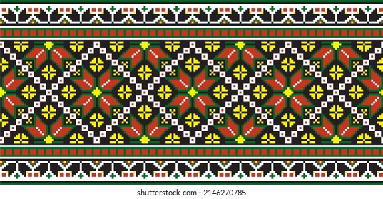 Vector colored seamless Ukrainian national ornament, embroidery. Endless ethnic floral border, Slavic peoples frame. Red cross stitch.