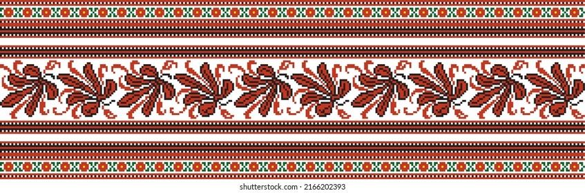 Vektorfarbene nahtlose ukrainische Nationalverzierung, Stickerei. Endlose ethnische Blumengrenze, slawische Völker umrahmen. Rote Kreuzstich.